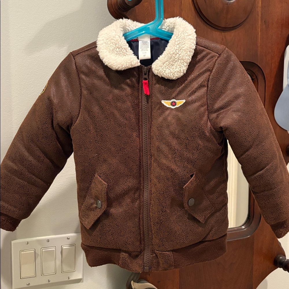 Brown Faux Leather Jacket with Shearling Collar